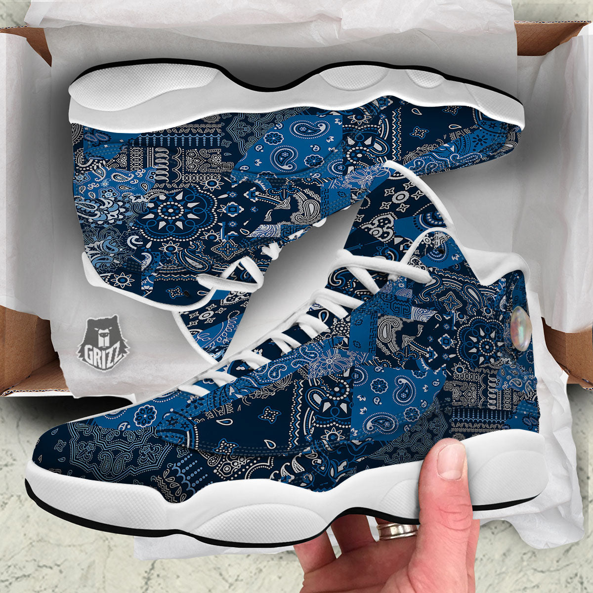 Bandana Blue Paisley Print Pattern White Basketball Shoes-grizzshop