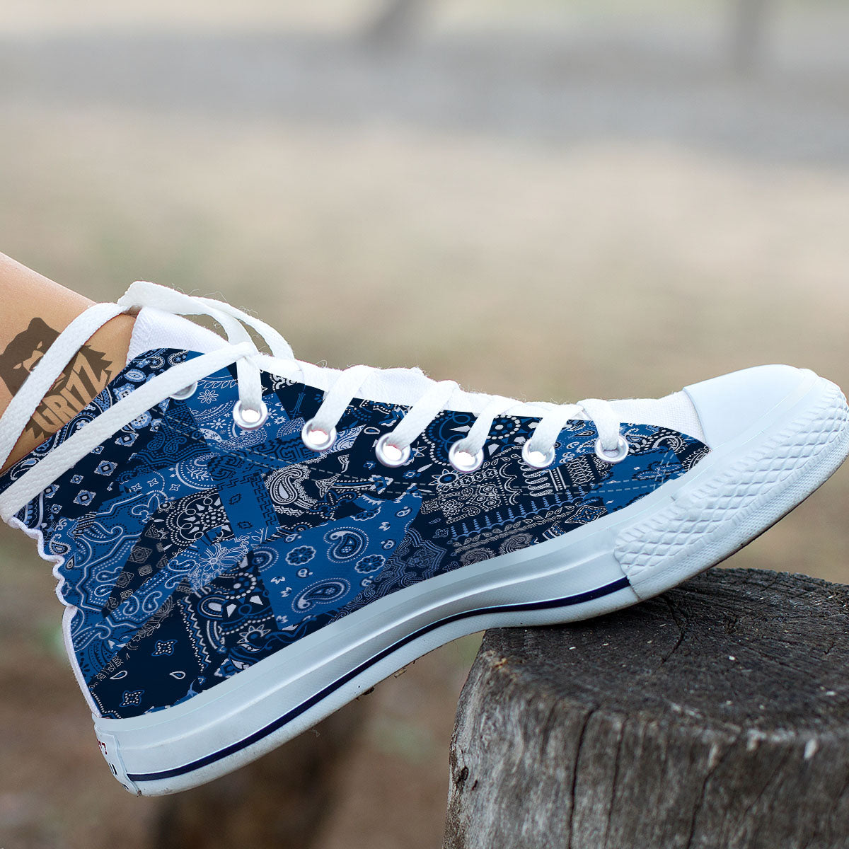 Bandana Blue Paisley Print Pattern White High Top Shoes-grizzshop