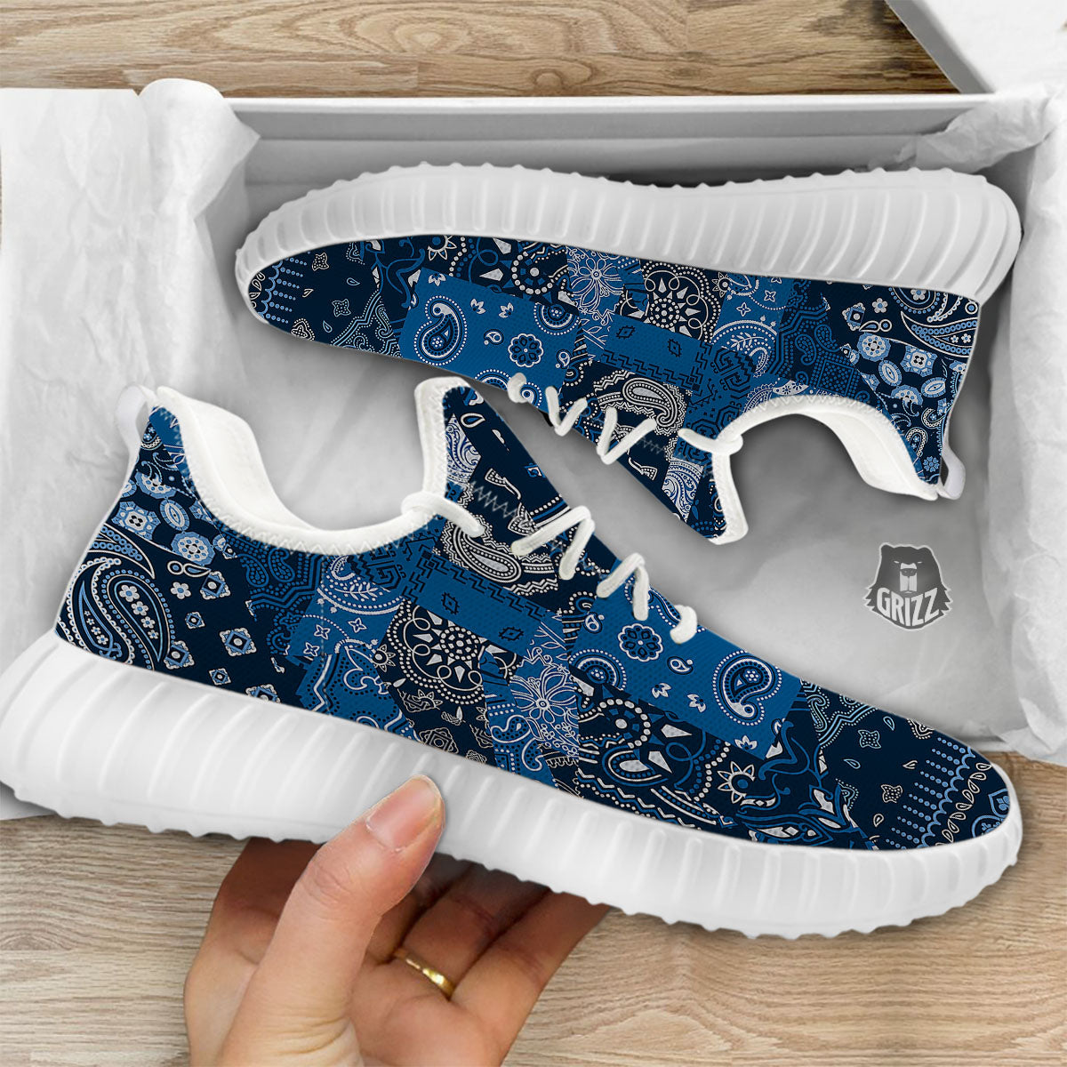 Bandana Blue Paisley Print Pattern White Walking Shoes-grizzshop