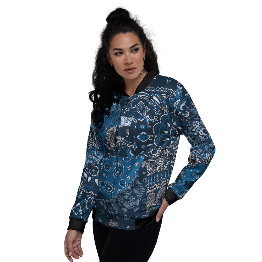 Bandana Blue Paisley Print Pattern Women's Bomber Jacket-grizzshop