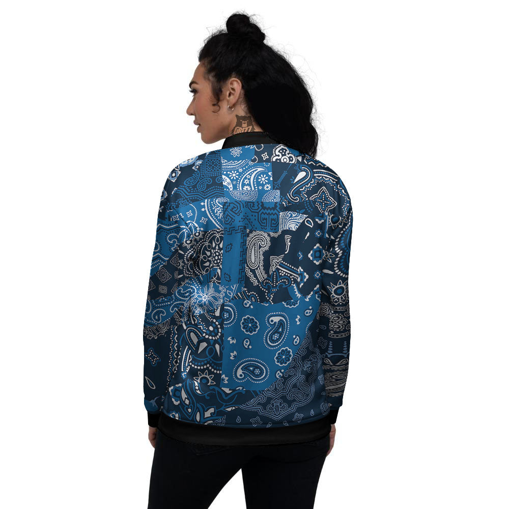 Bandana Blue Paisley Print Pattern Women's Bomber Jacket-grizzshop