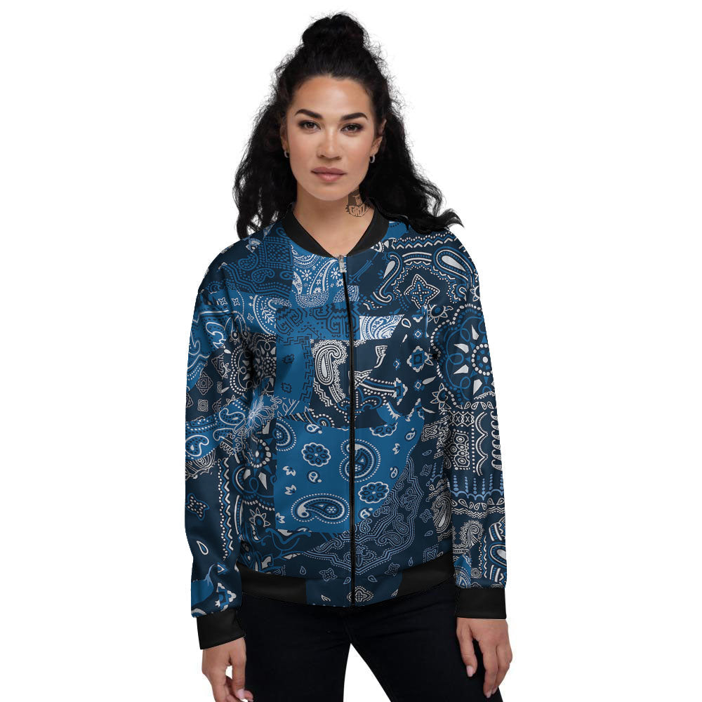 Bandana Blue Paisley Print Pattern Women's Bomber Jacket-grizzshop