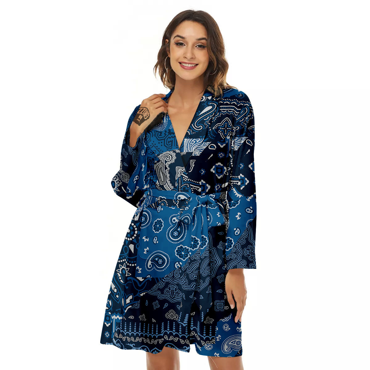 Bandana Blue Paisley Print Pattern Women's Robe-grizzshop