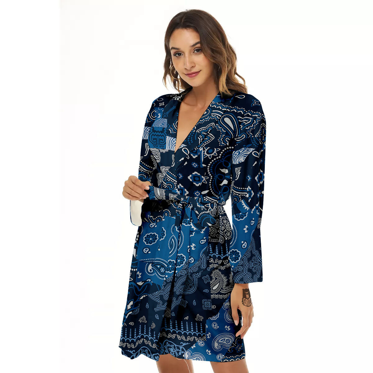 Bandana Blue Paisley Print Pattern Women's Robe-grizzshop