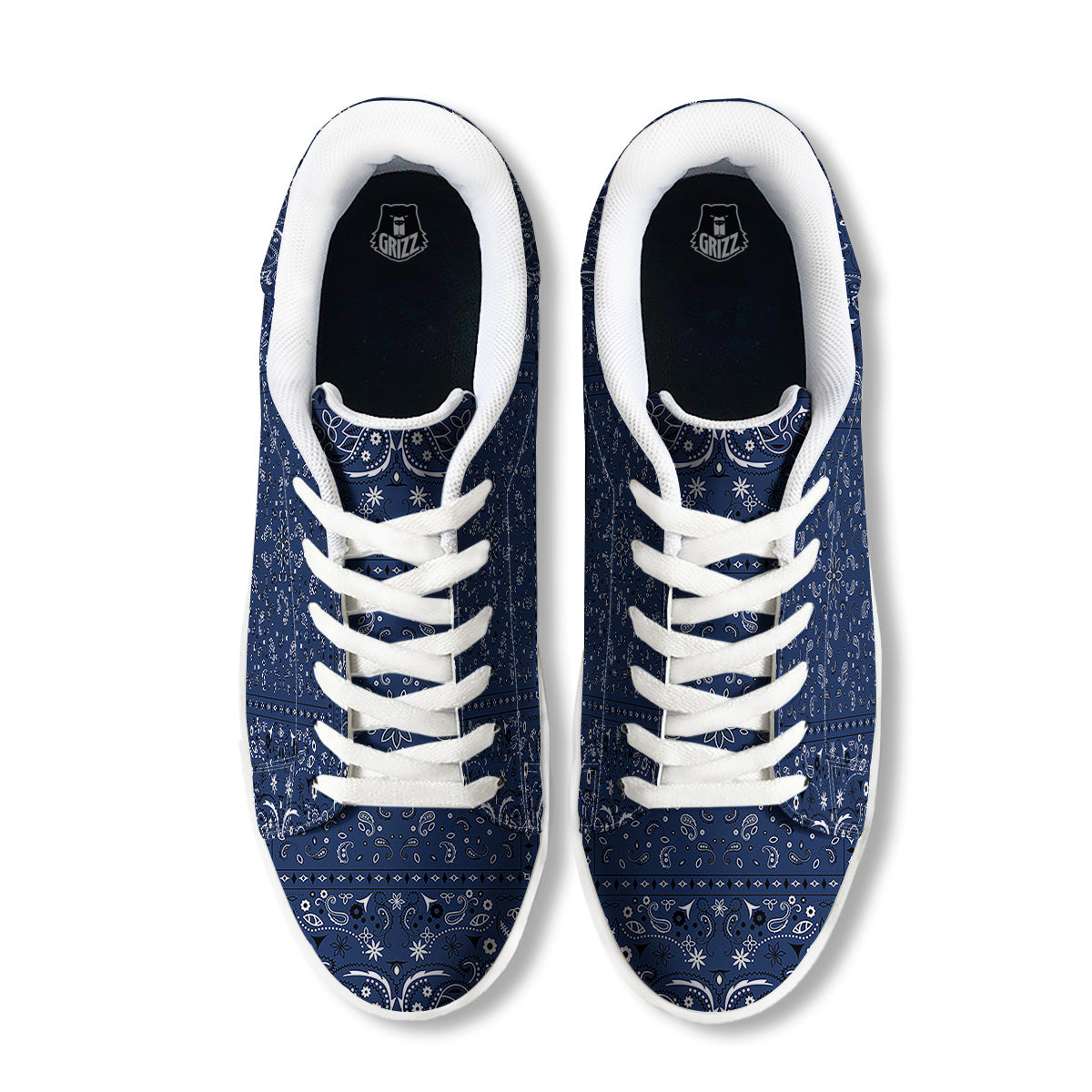 Bandana Blue Paisley Print White Low Top Sneakers-grizzshop