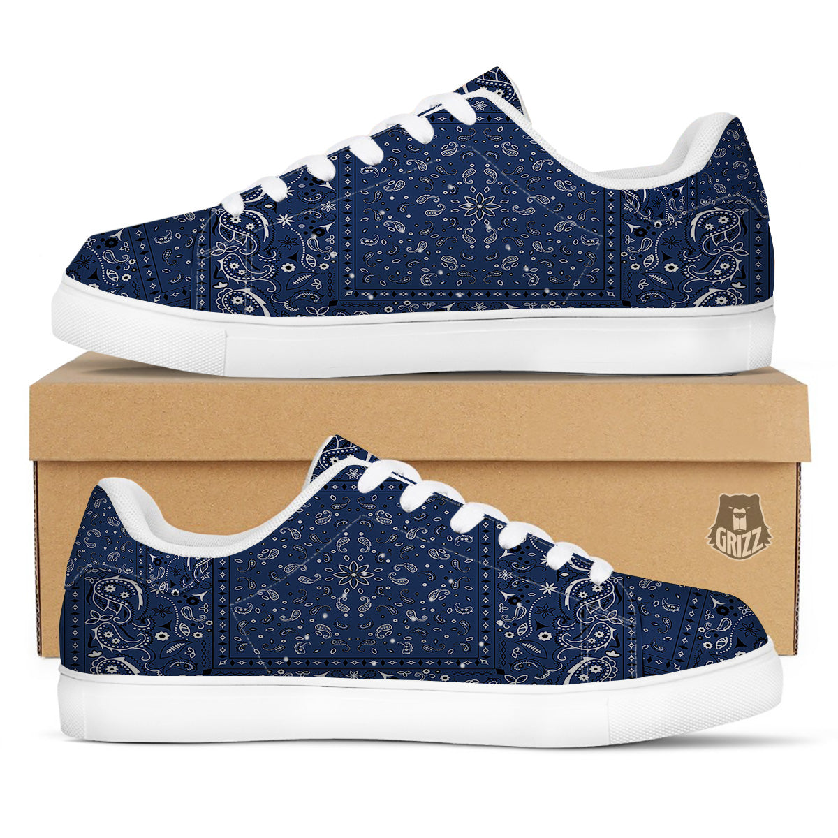 Bandana Blue Paisley Print White Low Top Sneakers-grizzshop