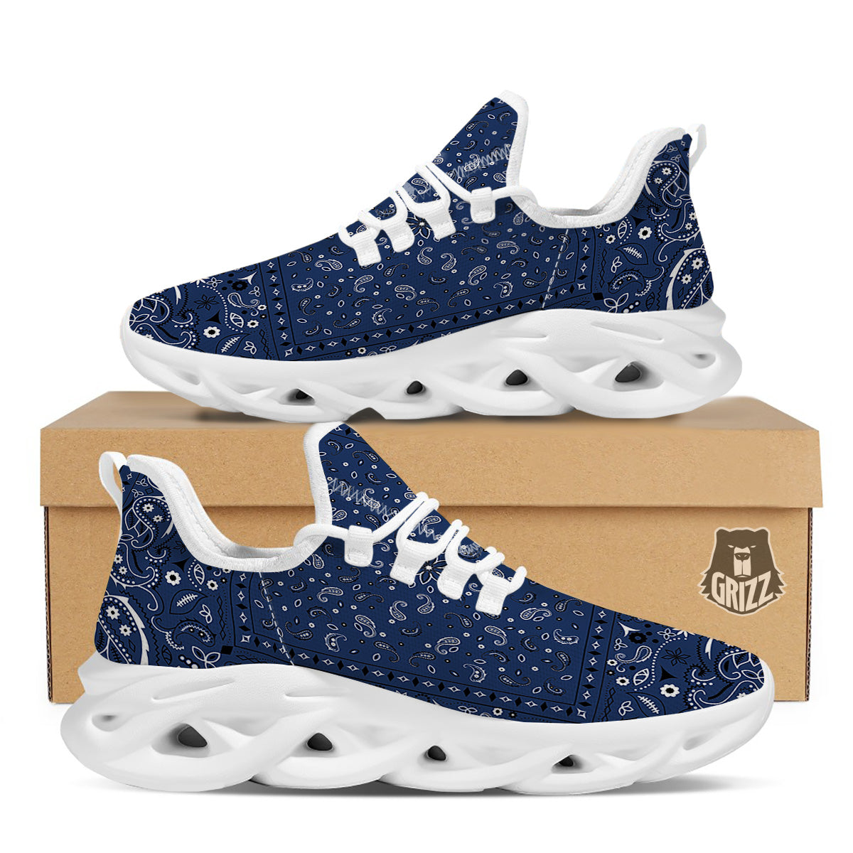 Bandana Blue Paisley Print White Running Shoes-grizzshop