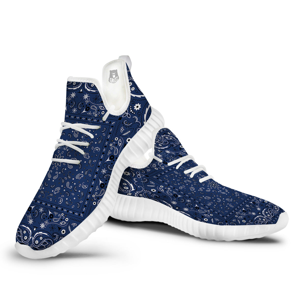 Bandana Blue Paisley Print White Walking Shoes-grizzshop