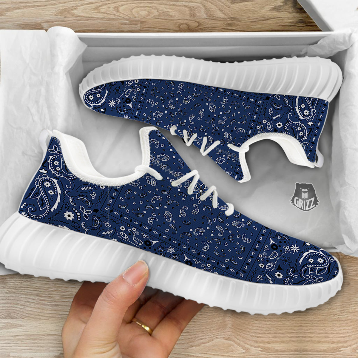 Bandana Blue Paisley Print White Walking Shoes-grizzshop