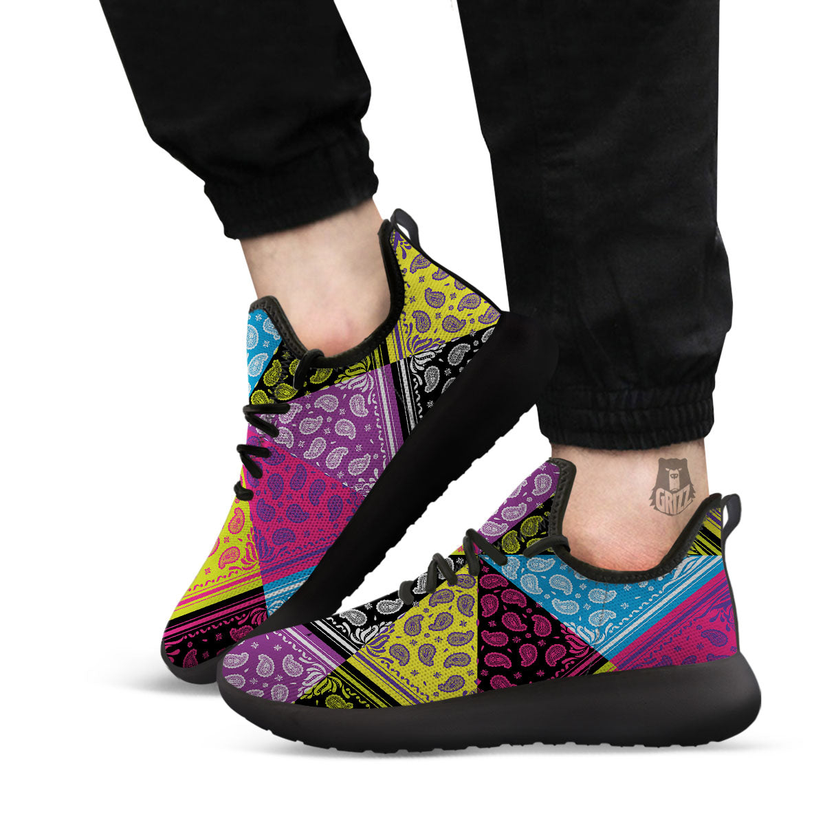 Bandana Paisley Colorful Square Print Black Athletic Shoes-grizzshop