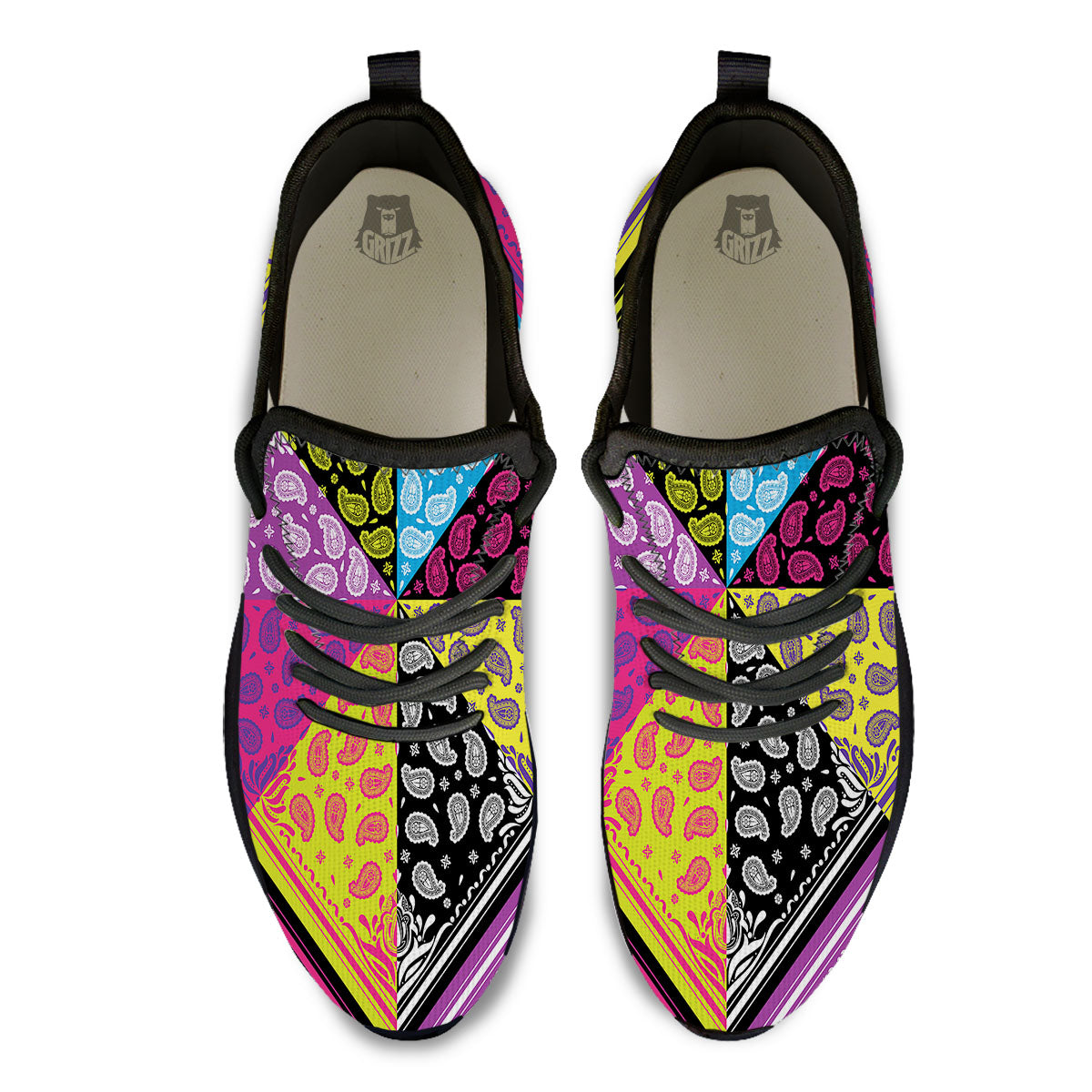 Bandana Paisley Colorful Square Print Black Athletic Shoes-grizzshop