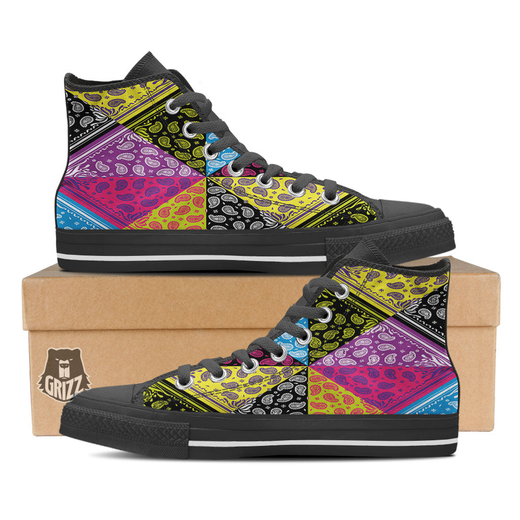 Bandana Paisley Colorful Square Print Black High Top Shoes-grizzshop