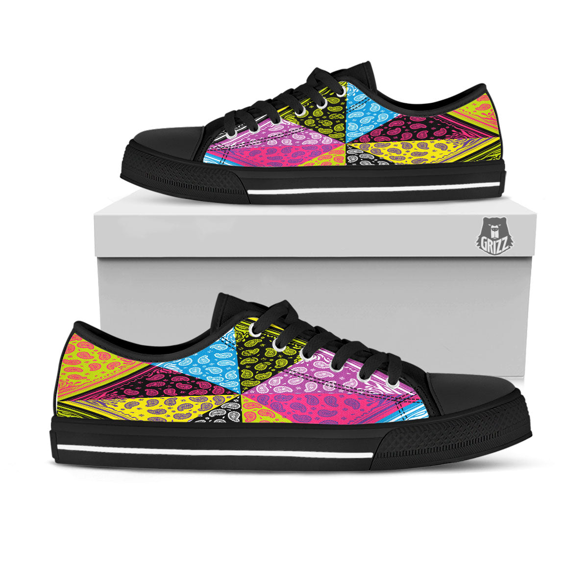 Bandana Paisley Colorful Square Print Black Low Top Shoes-grizzshop