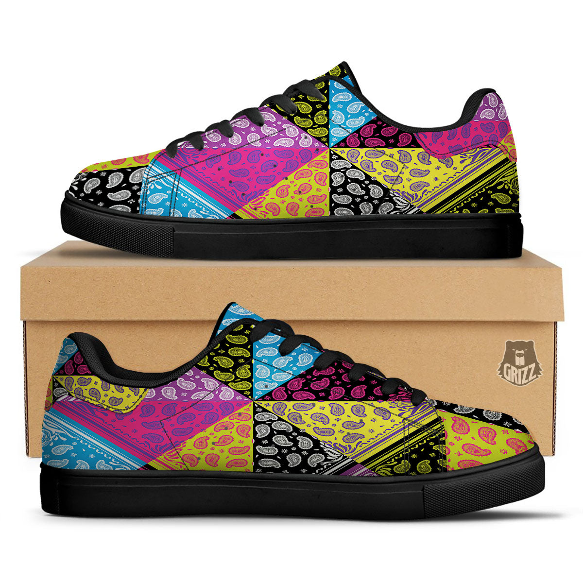 Bandana Paisley Colorful Square Print Black Low Top Sneakers-grizzshop