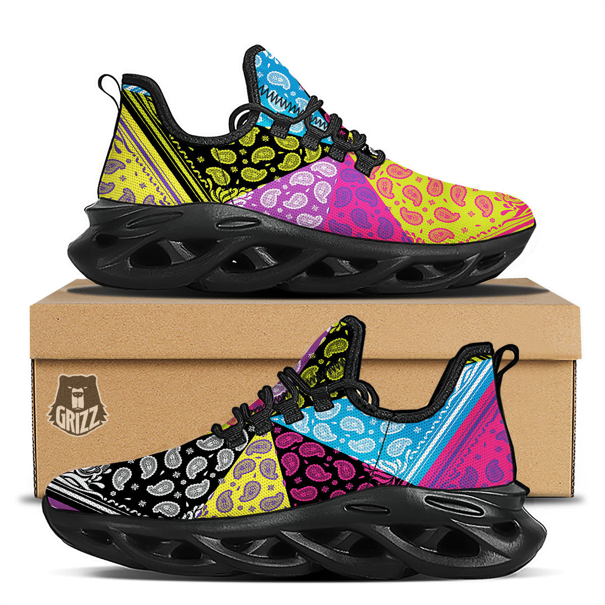 Bandana Paisley Colorful Square Print Black Running Shoes-grizzshop