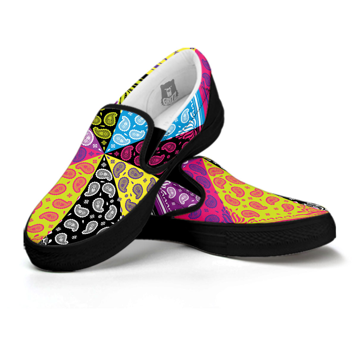 Bandana Paisley Colorful Square Print Black Slip On Shoes-grizzshop