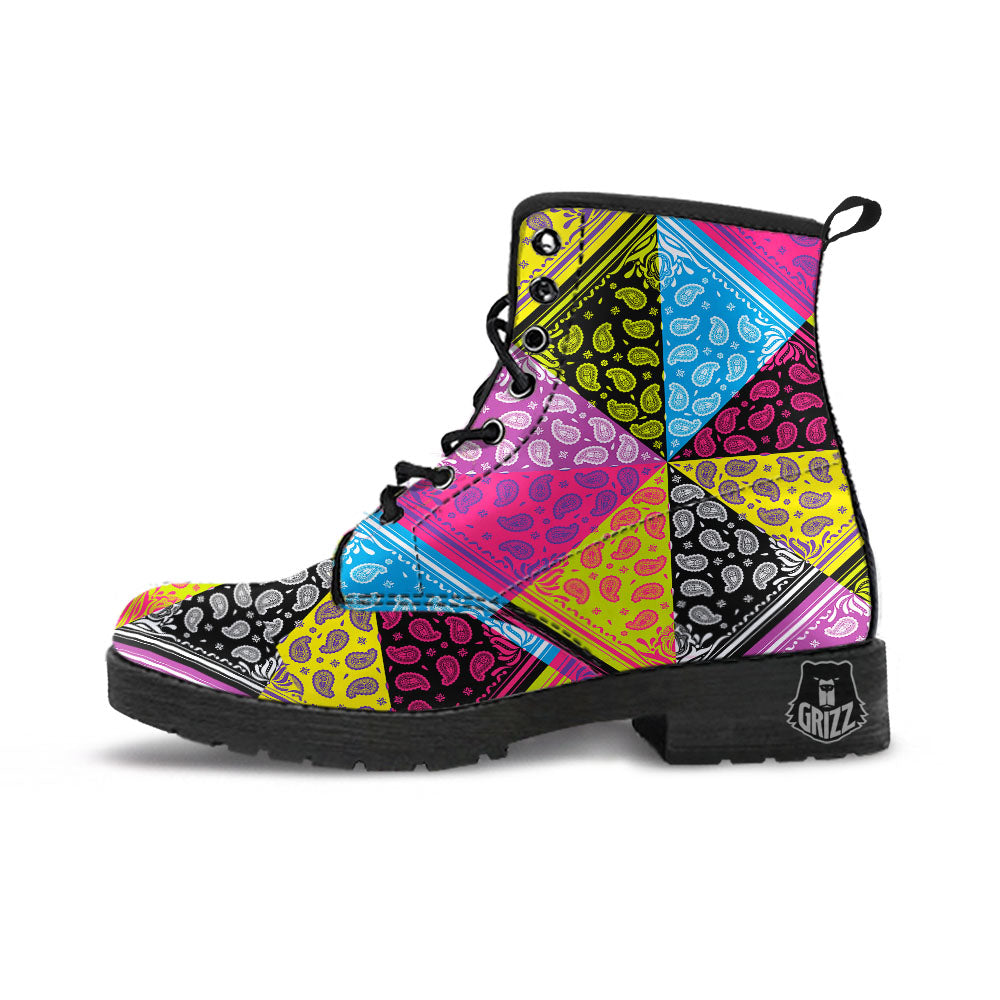 Bandana Paisley Colorful Square Print Leather Boots-grizzshop