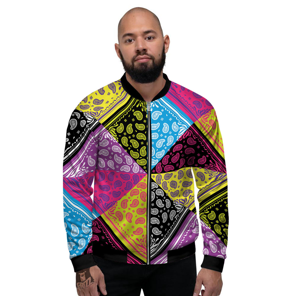 Bandana Paisley Colorful Square Print Men's Bomber Jacket-grizzshop