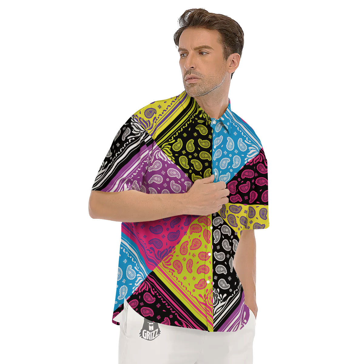 Bandana Paisley Colorful Square Print Men's Short Sleeve Shirts-grizzshop
