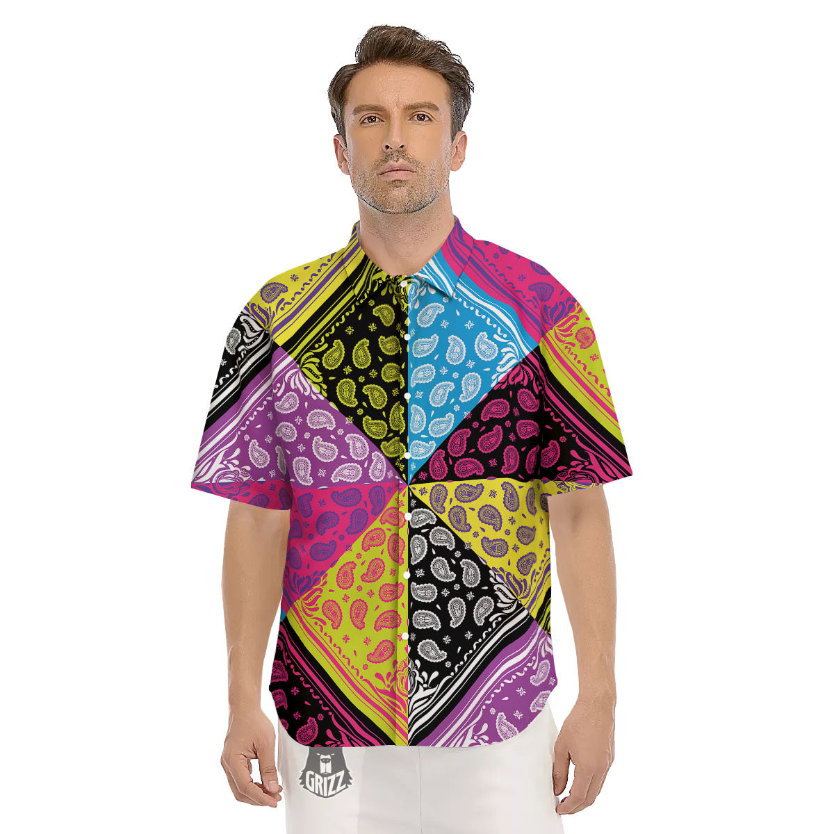 Bandana Paisley Colorful Square Print Men's Short Sleeve Shirts-grizzshop