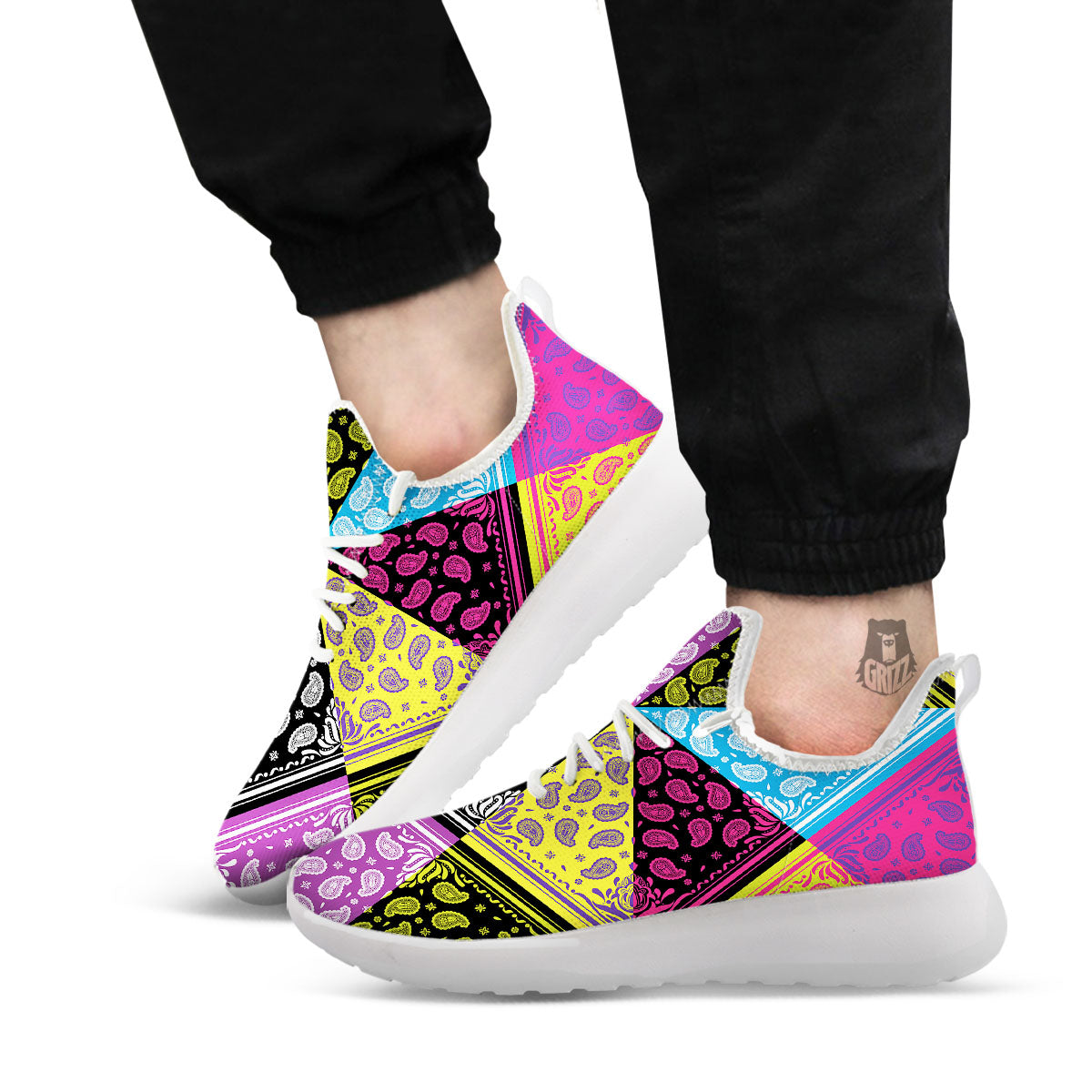 Bandana Paisley Colorful Square Print White Athletic Shoes-grizzshop