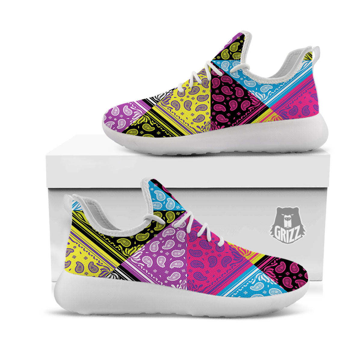 Bandana Paisley Colorful Square Print White Athletic Shoes-grizzshop