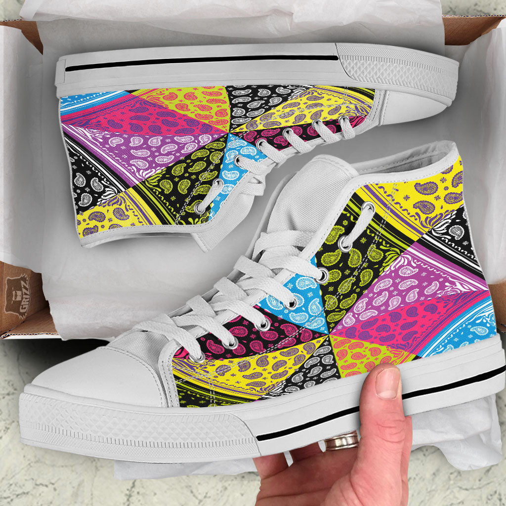 Bandana Paisley Colorful Square Print White High Top Shoes-grizzshop