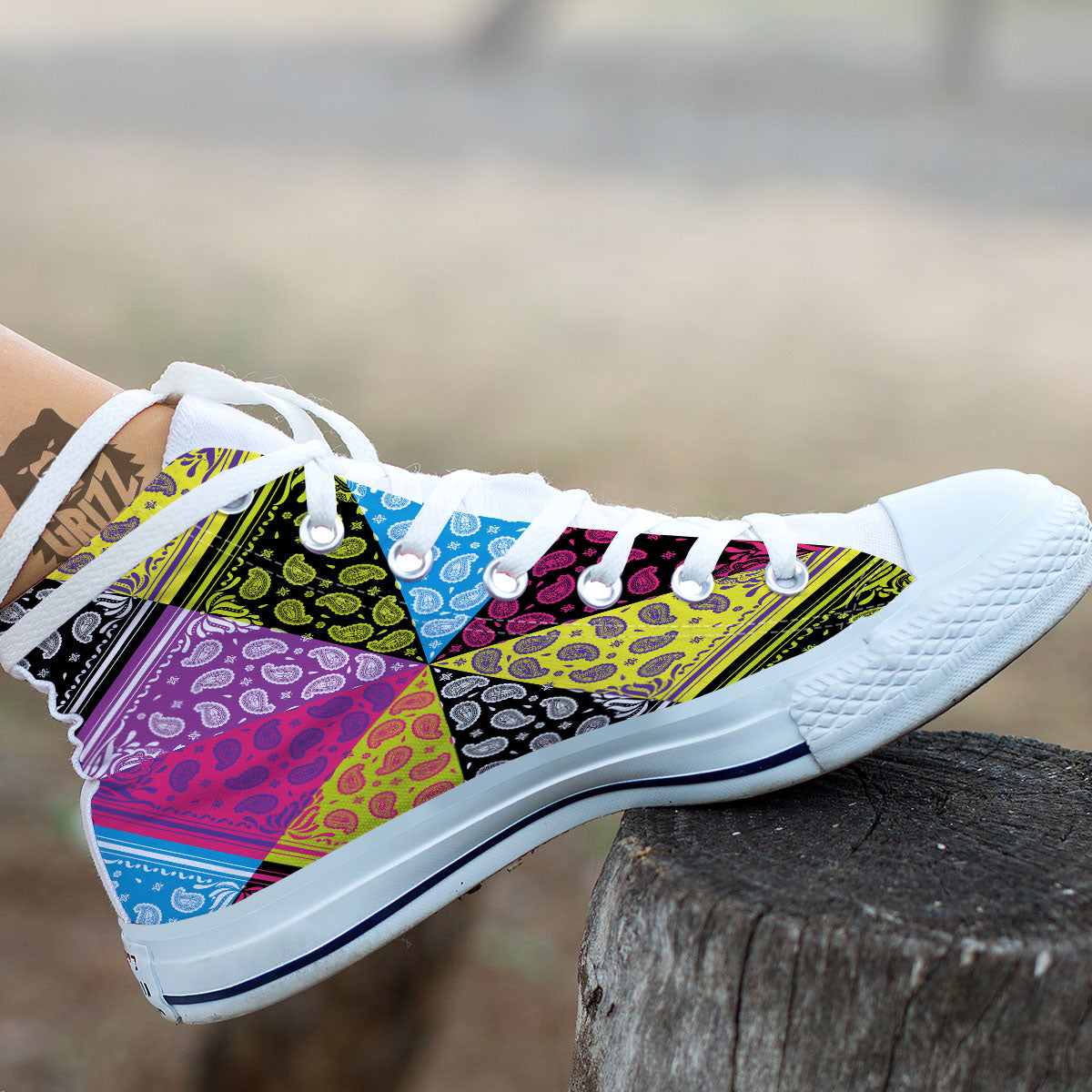 Bandana Paisley Colorful Square Print White High Top Shoes-grizzshop