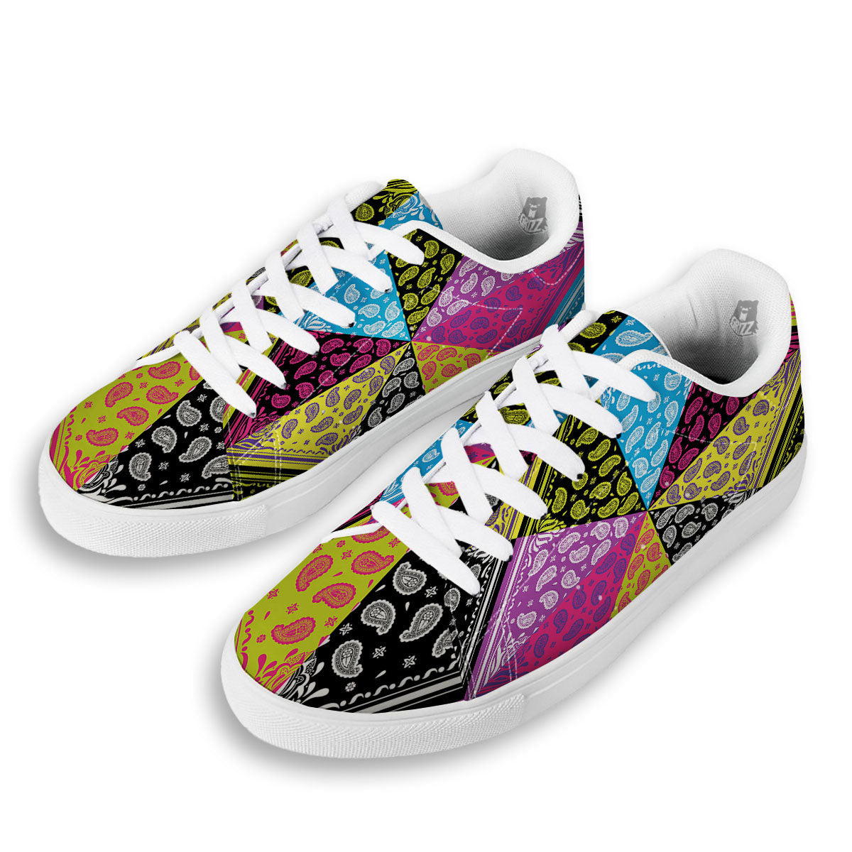 Bandana Paisley Colorful Square Print White Low Top Sneakers-grizzshop