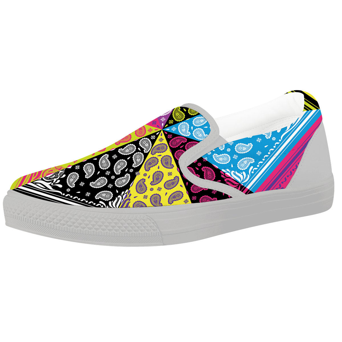 Bandana Paisley Colorful Square Print White Slip On Shoes-grizzshop