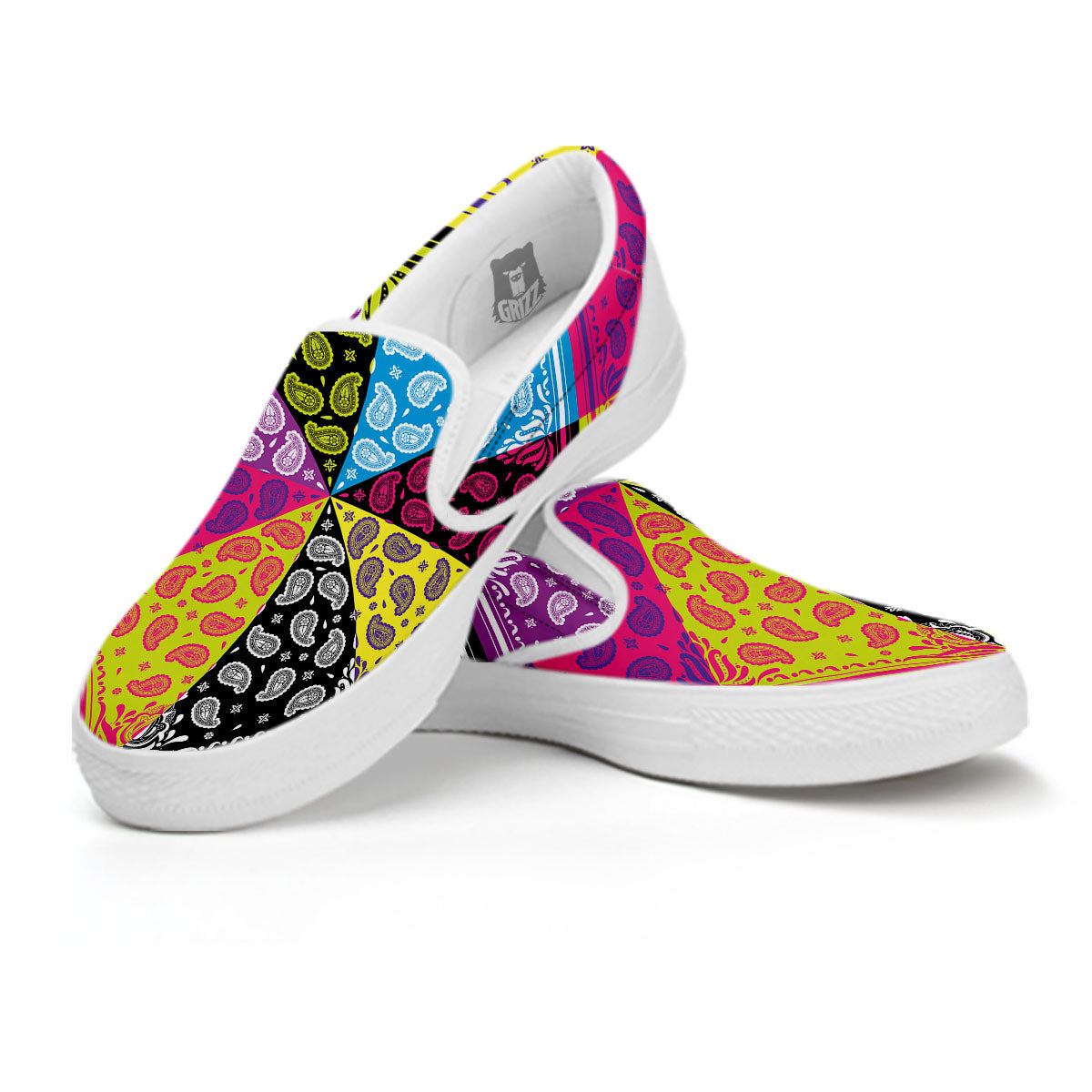 Bandana Paisley Colorful Square Print White Slip On Shoes-grizzshop