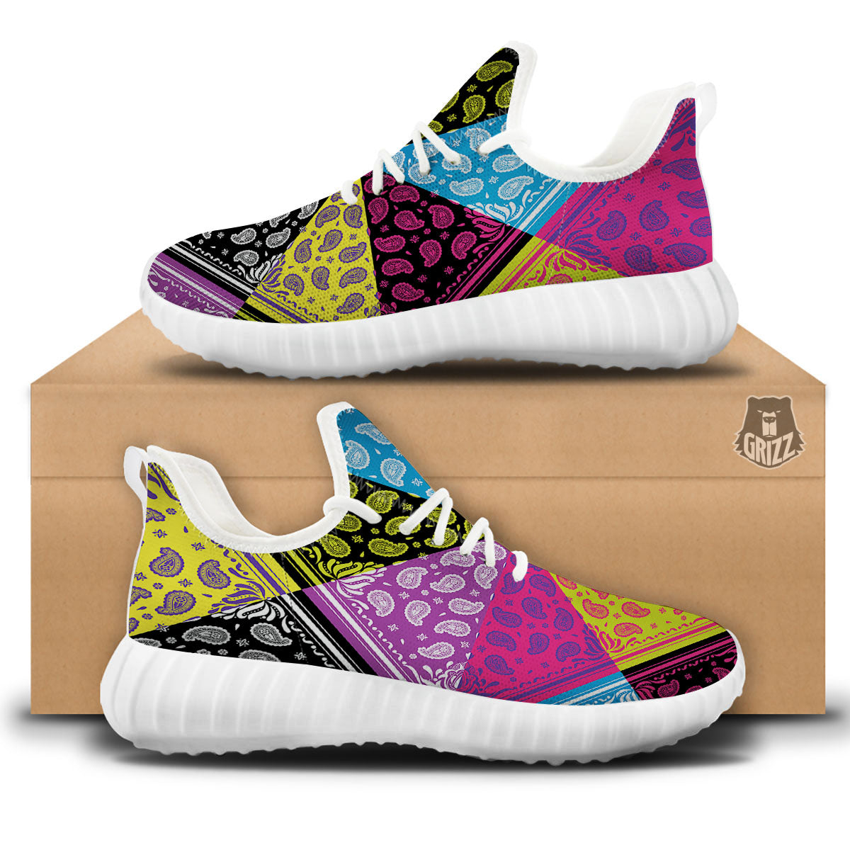 Bandana Paisley Colorful Square Print White Walking Shoes-grizzshop