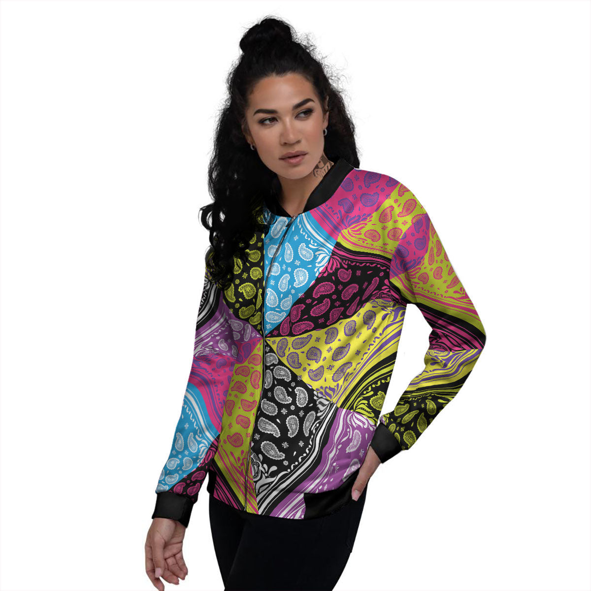 Bandana Paisley Colorful Square Print Women's Bomber Jacket-grizzshop