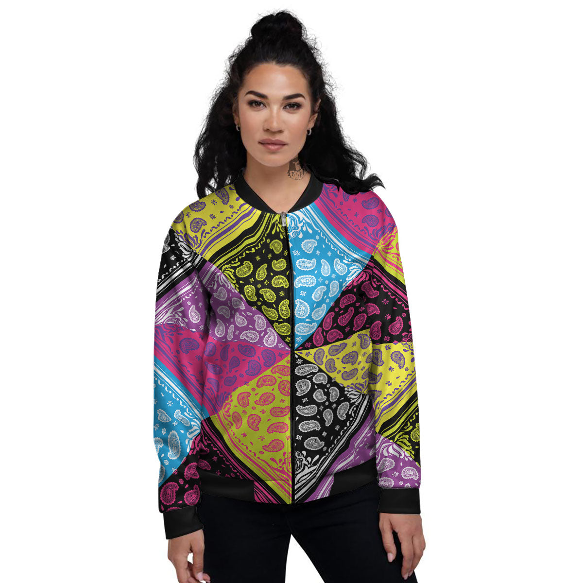 Bandana Paisley Colorful Square Print Women's Bomber Jacket-grizzshop