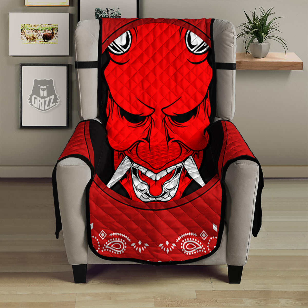 Bandana Red Hannya Demon Print Armchair Protector-grizzshop