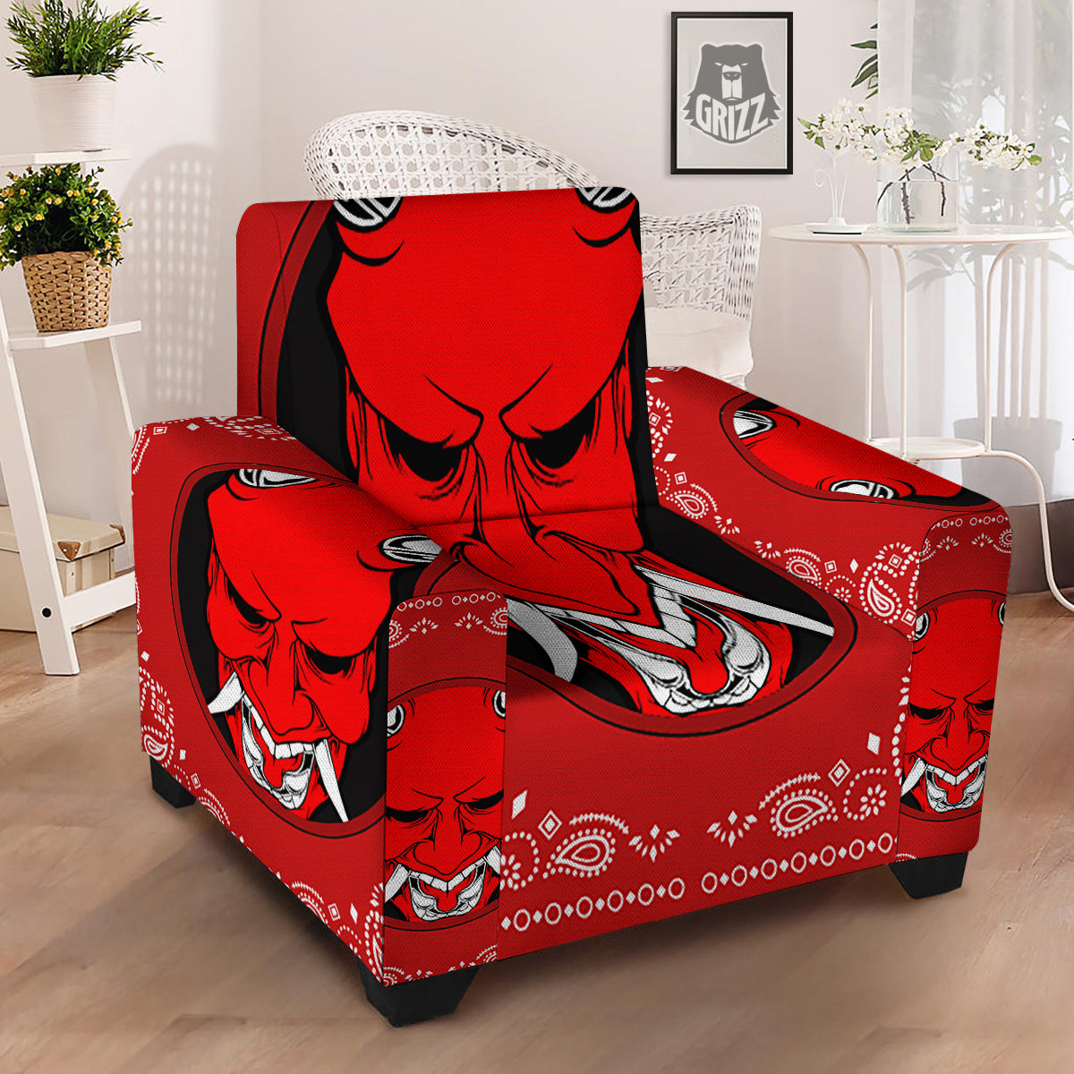 Bandana Red Hannya Demon Print Armchair Slipcover-grizzshop