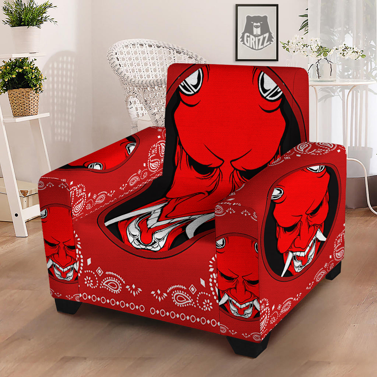 Bandana Red Hannya Demon Print Armchair Slipcover-grizzshop