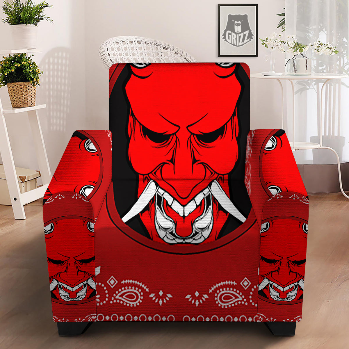 Bandana Red Hannya Demon Print Armchair Slipcover-grizzshop