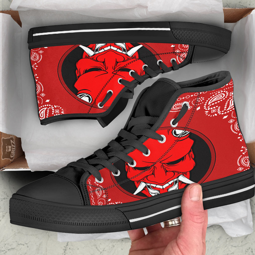 Bandana Red Hannya Demon Print Black High Top Shoes-grizzshop