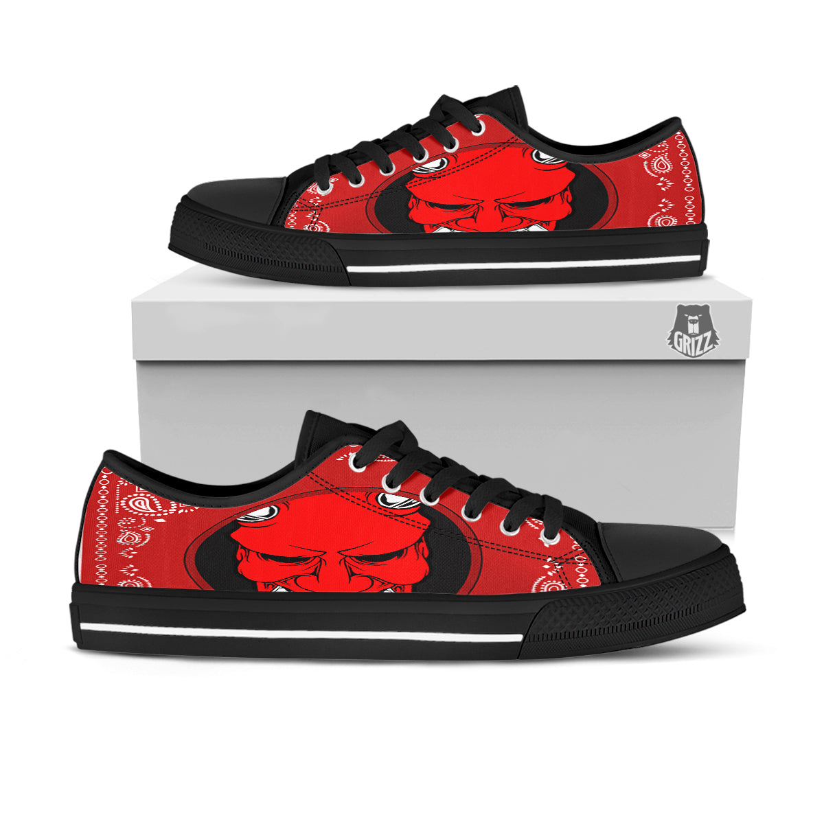 Bandana Red Hannya Demon Print Black Low Top Shoes-grizzshop