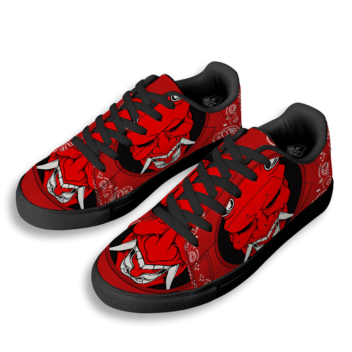 Bandana Red Hannya Demon Print Black Low Top Sneakers-grizzshop