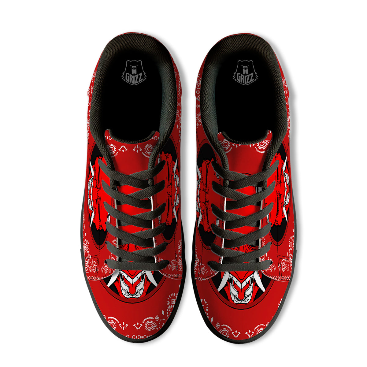 Bandana Red Hannya Demon Print Black Low Top Sneakers-grizzshop