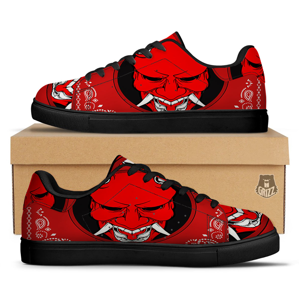 Bandana Red Hannya Demon Print Black Low Top Sneakers-grizzshop