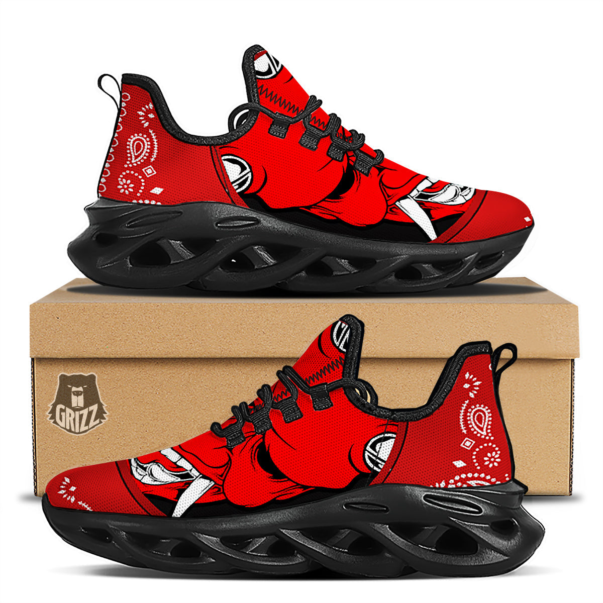 Bandana Red Hannya Demon Print Black Running Shoes-grizzshop