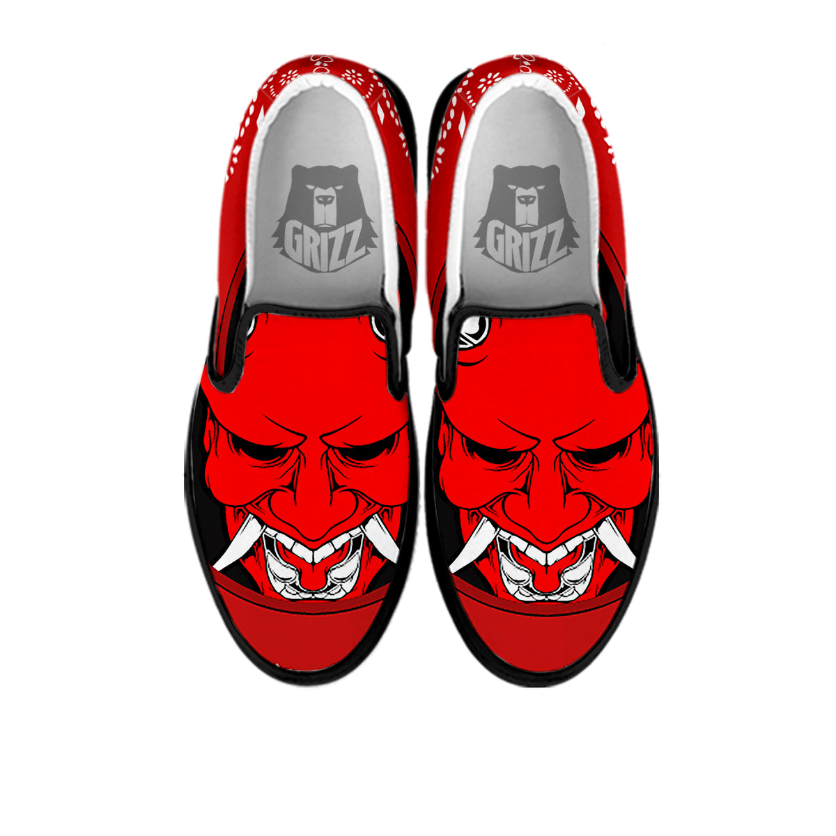 Bandana Red Hannya Demon Print Black Slip On Shoes-grizzshop