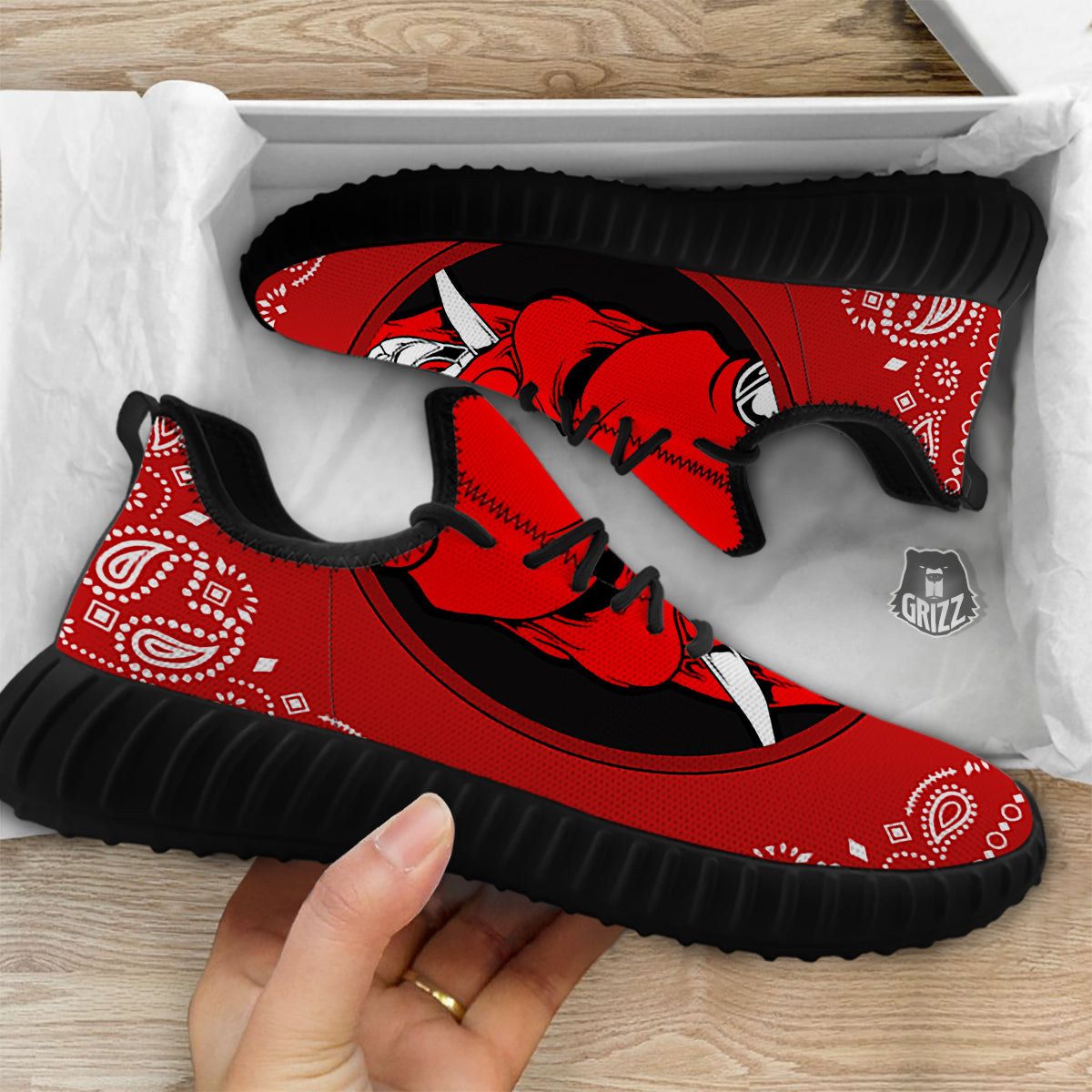 Bandana Red Hannya Demon Print Black Walking Shoes-grizzshop