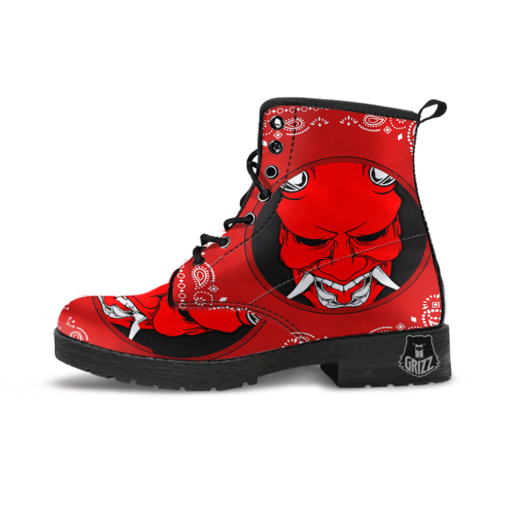 Bandana Red Hannya Demon Print Leather Boots-grizzshop