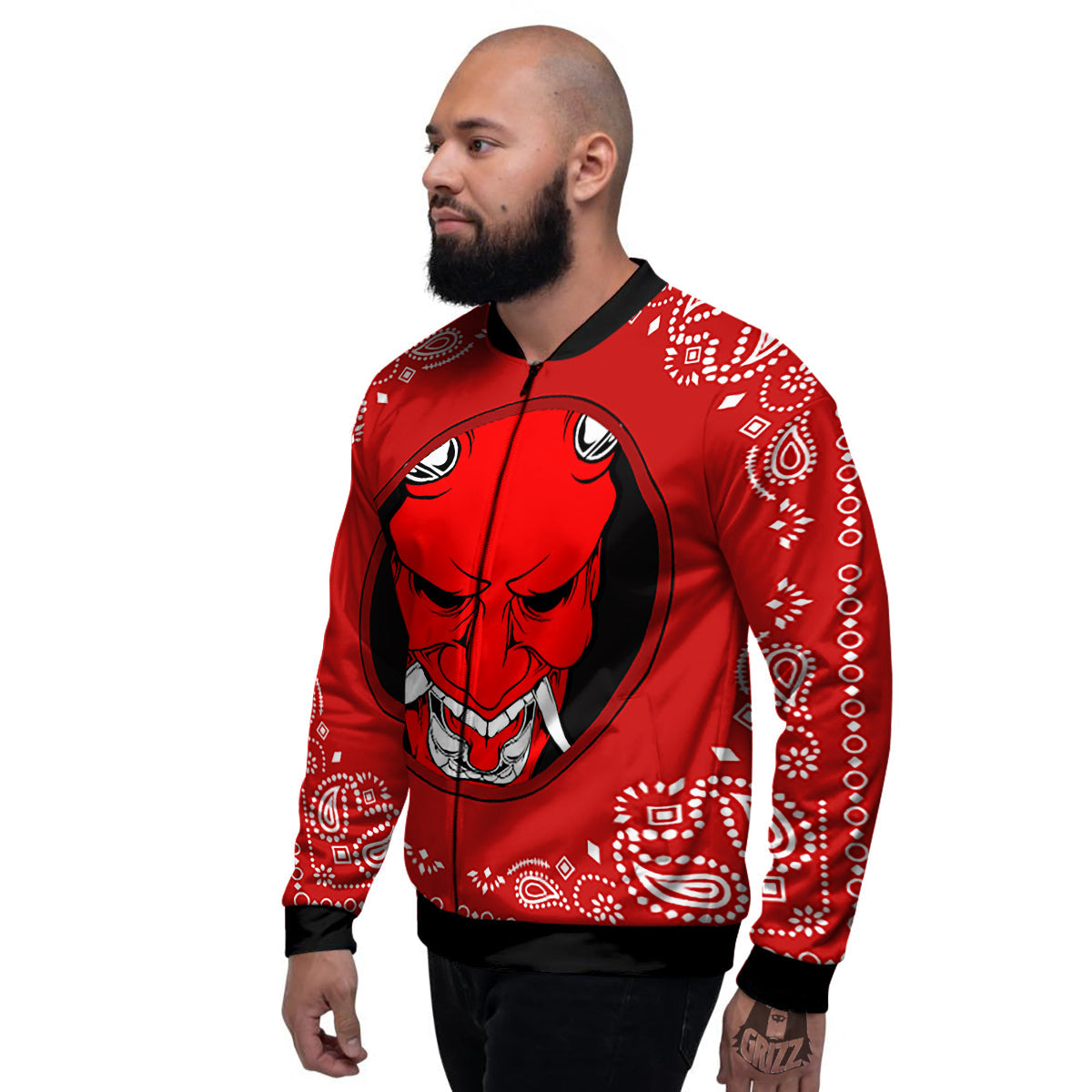 Bandana Red Hannya Demon Print Men's Bomber Jacket-grizzshop