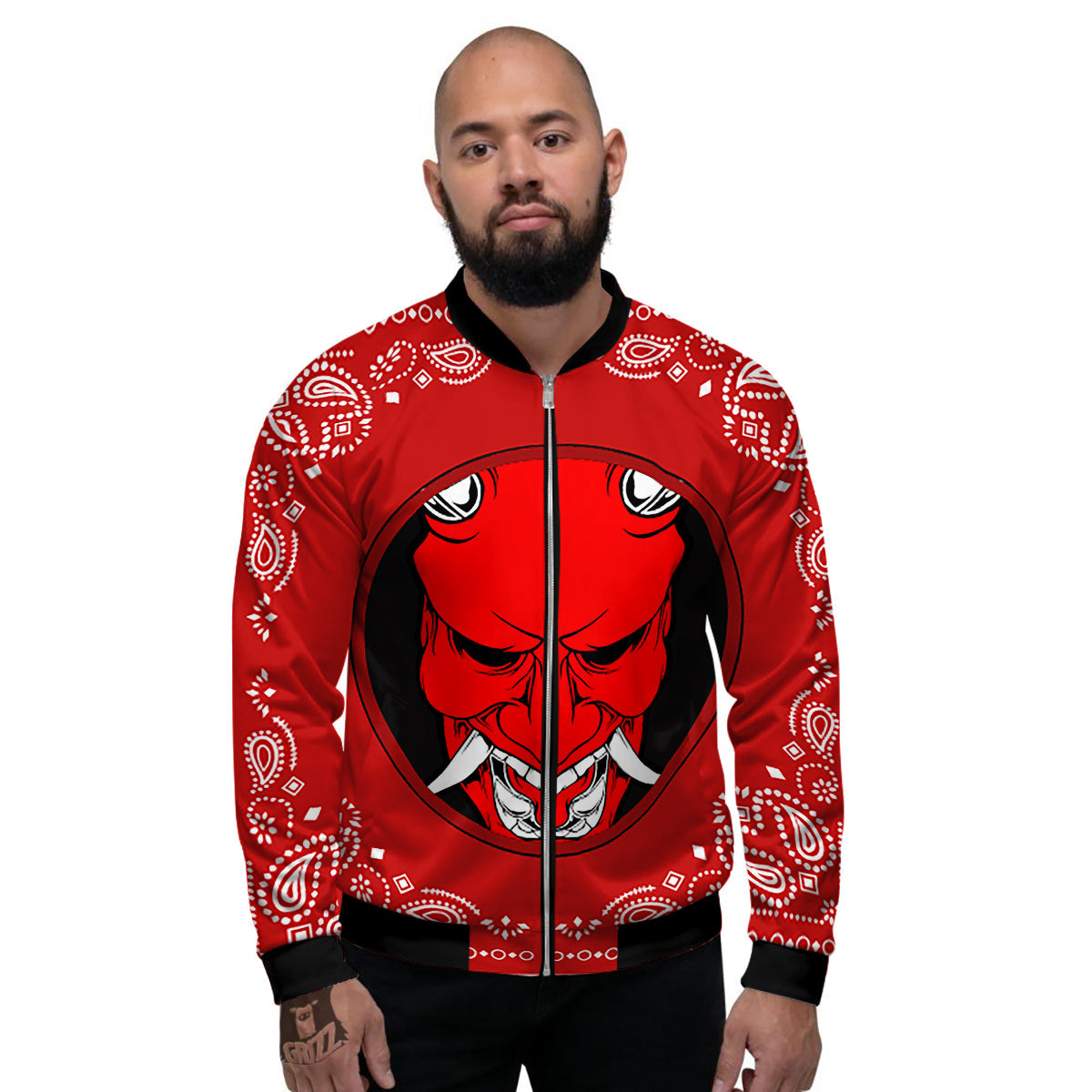 Bandana Red Hannya Demon Print Men's Bomber Jacket-grizzshop