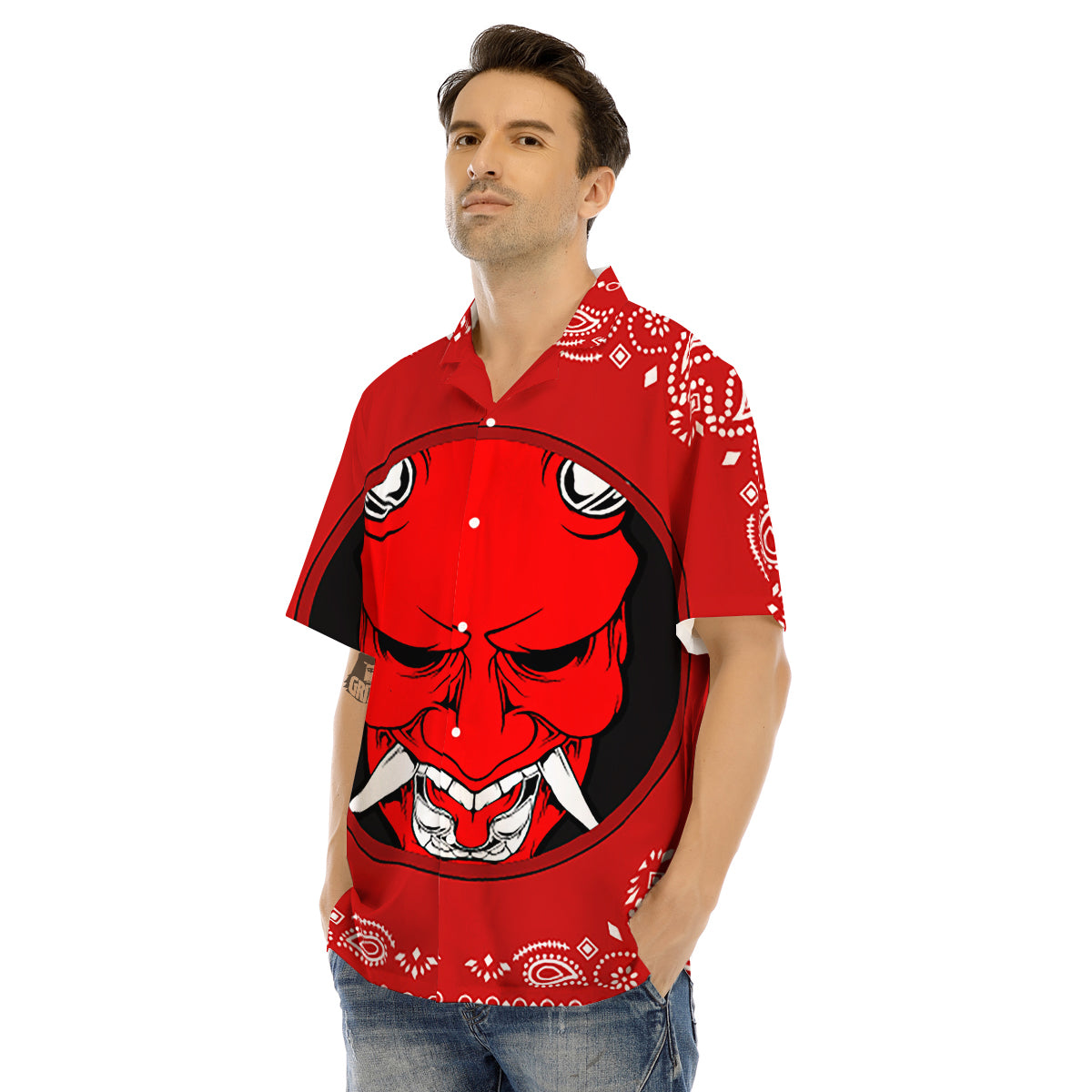 Bandana Red Hannya Demon Print Men's Hawaiian Shirt-grizzshop